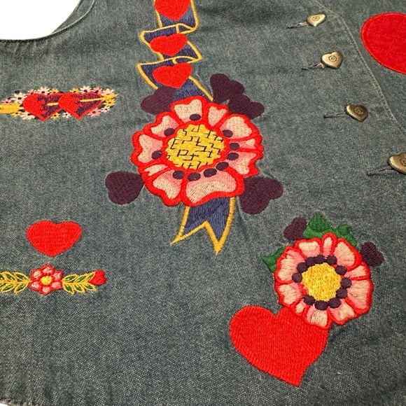Vintage Denim Vest Embroidered Hearts Flowers Boho‎ Retro Cottagecore Festival M - Picture 6 of 6